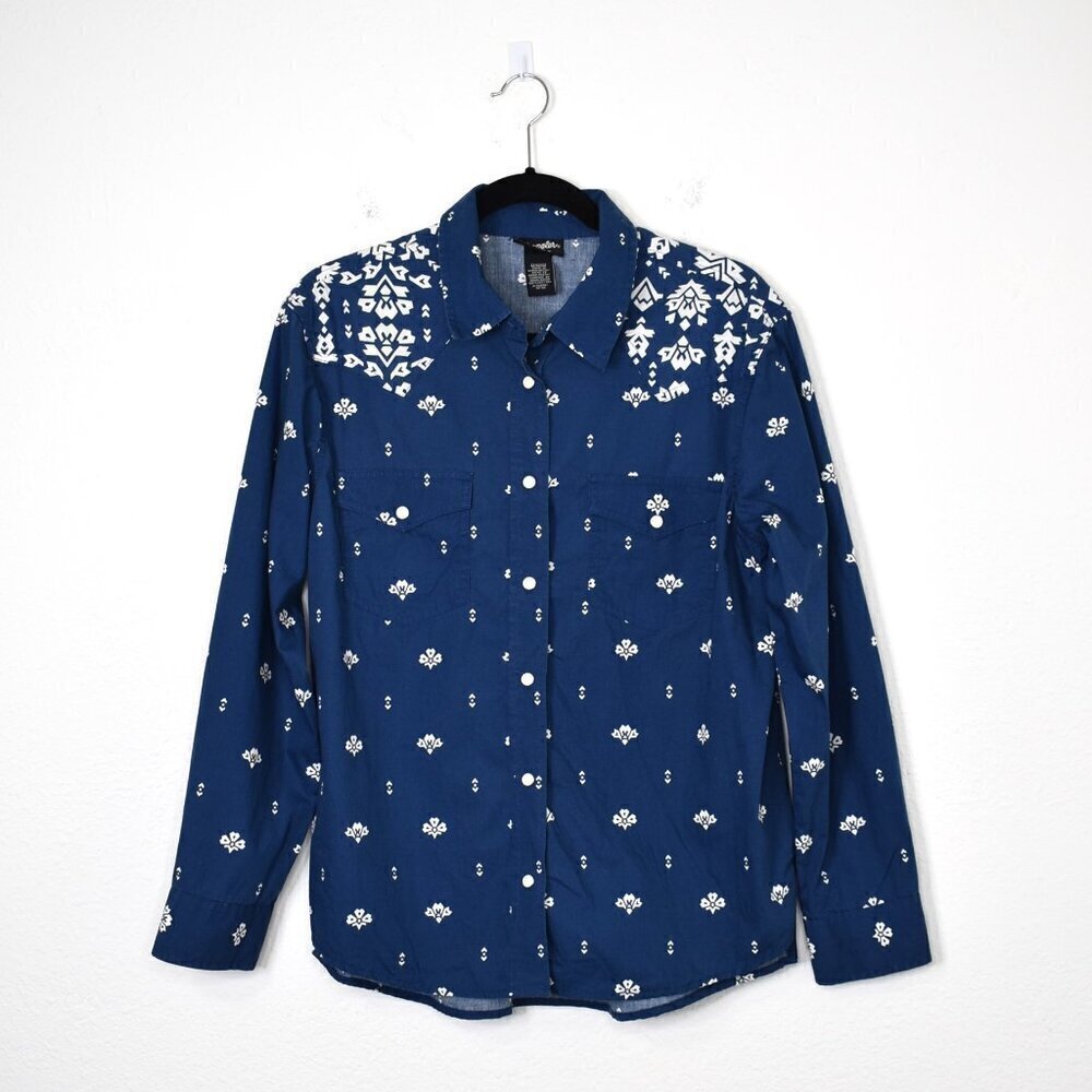 Wrangler Western Snap Button Shirt Sz M Floral Cowgirl Rodeo Artsy Aztec Cotton